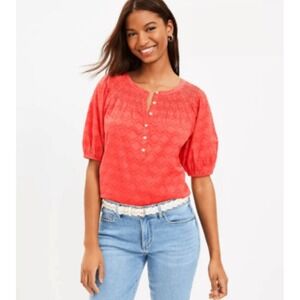 Loft NWT Coral Smocked Button‎ Top Full Sleeves Cotton M Cottage Boho Feminine